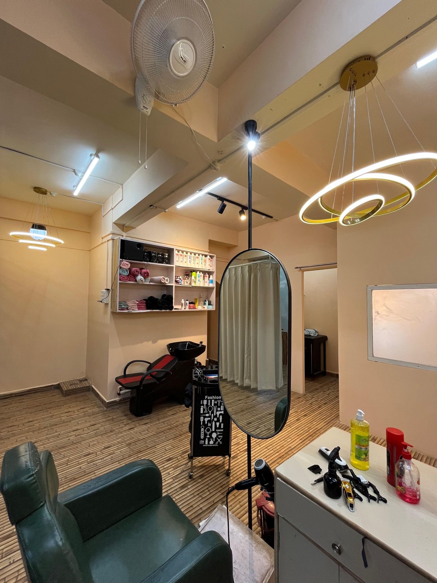 Modern, elegant barbershop interior at Zenora